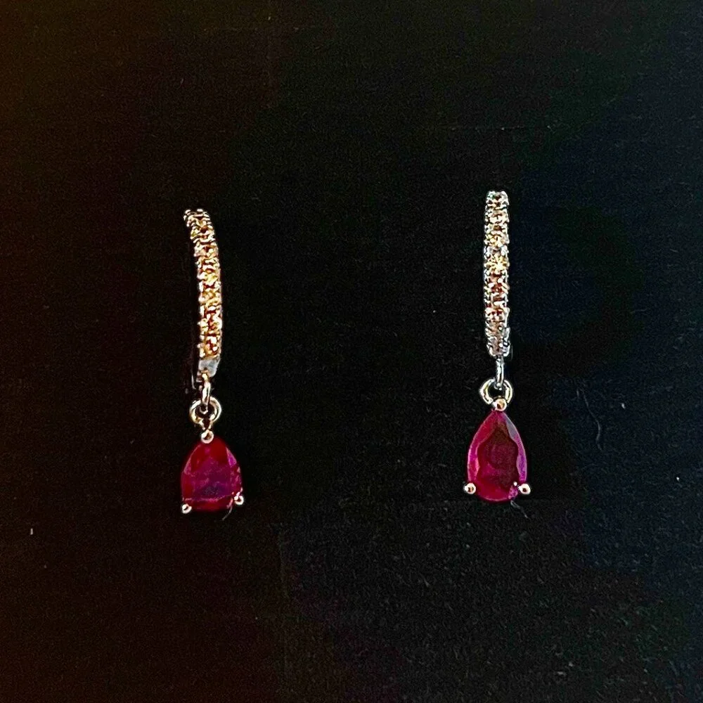 Lab Ruby Drop, Sterling Silver and CZ Huggie Hoops - stamped .925 - Picture 1 of 8